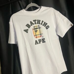 Bape White Tee with Plaid Ape Head Logo